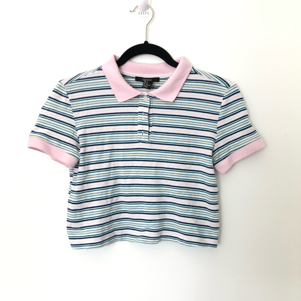 Cropped Blue and Pink Striped Button Up T-Shirt